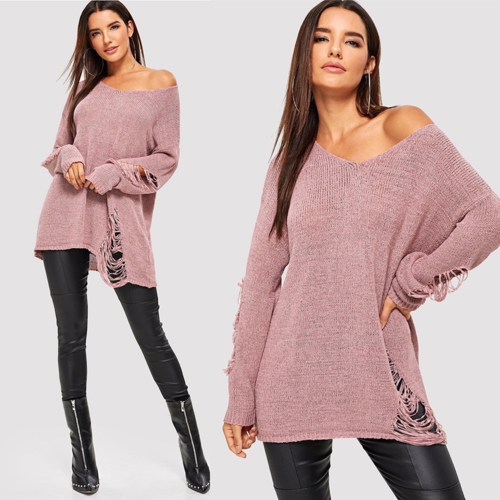 Distressed ripped sweater pink oversized - Picture 2 of 4